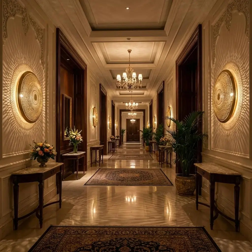 Symmetrical pair of large medallion brass wall lights installed along a royal hotel hallway with marble floors and carpets.
