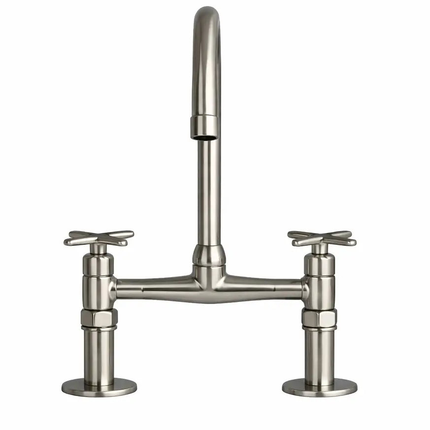 Front elevation view of The Classic Cross-Handle Bridge Faucet in a premium brass finish showing symmetrical two-hole deck mount pillars and a straight high-arc spout on a white background.