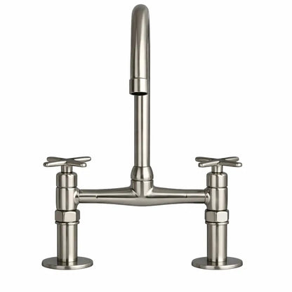 Front elevation view of The Classic Cross-Handle Bridge Faucet in a premium brass finish showing symmetrical two-hole deck mount pillars and a straight high-arc spout on a white background.
