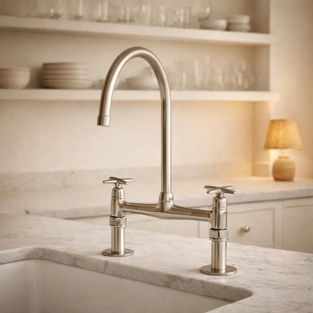 The Classic Cross-Handle Bridge Faucet in luxury brass finish installed on a white marble countertop with an undermount sink, featuring warm open kitchen shelving and cozy ambient lighting in the background.