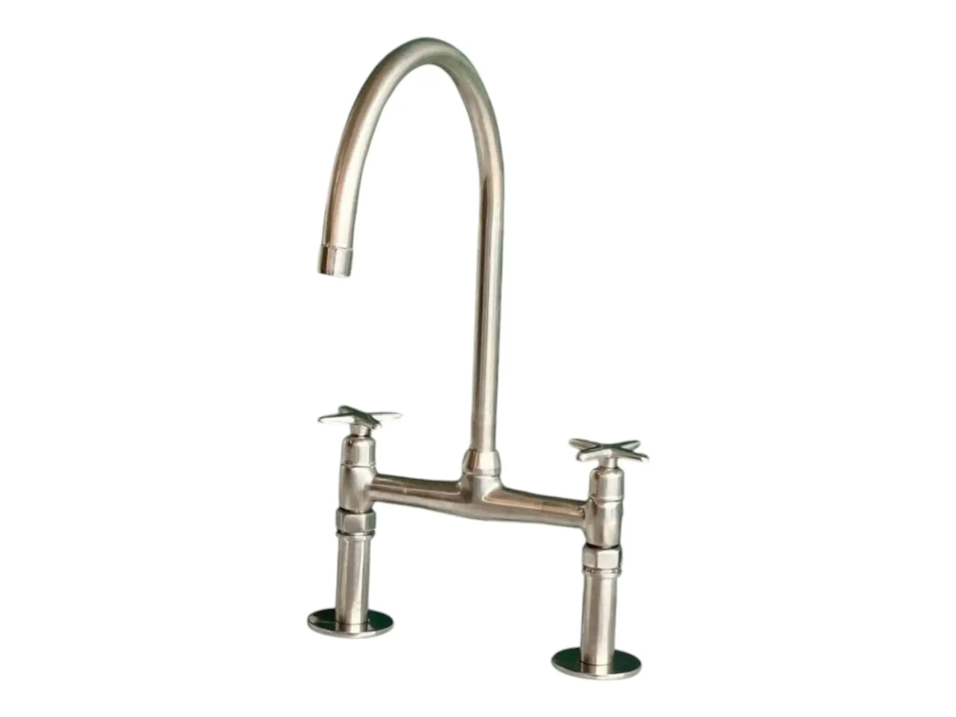 The Classic Cross-Handle Bridge Faucet features an elegant two-hole deck mount design in solid brass finish with vintage cross handles and a high-arc gooseneck spout over a plain white background