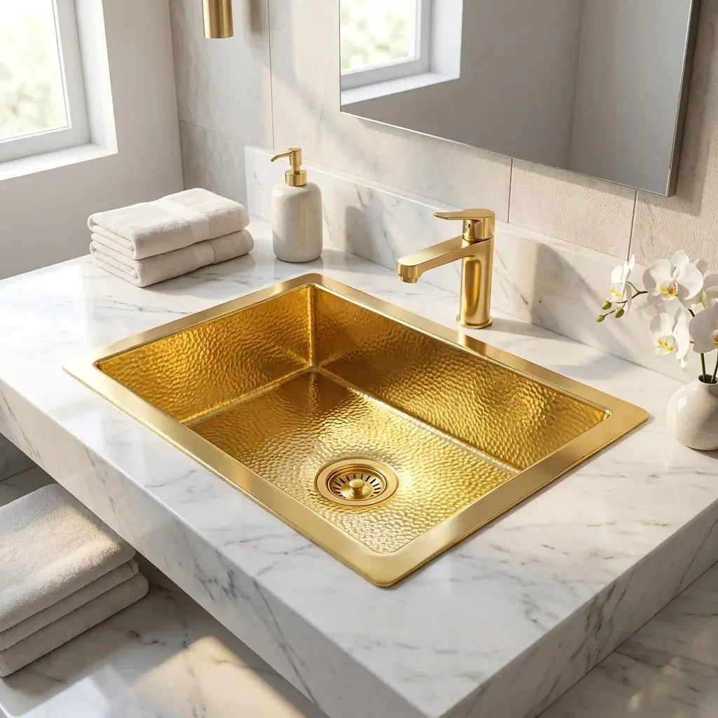 A rectangular top-mount brass Moroccan sink with a drop-in rim design, installed on a thick white marble vanity top with a modern gold faucet.