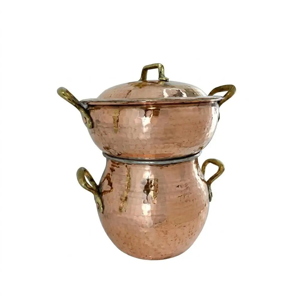 Traditional handmade Moroccan copper couscoussier steamer pot with lid and brass handles, double-layered copper pot for authentic Moroccan cooking.