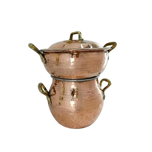 Traditional handmade Moroccan copper couscoussier steamer pot with lid and brass handles, double-layered copper pot for authentic Moroccan cooking.