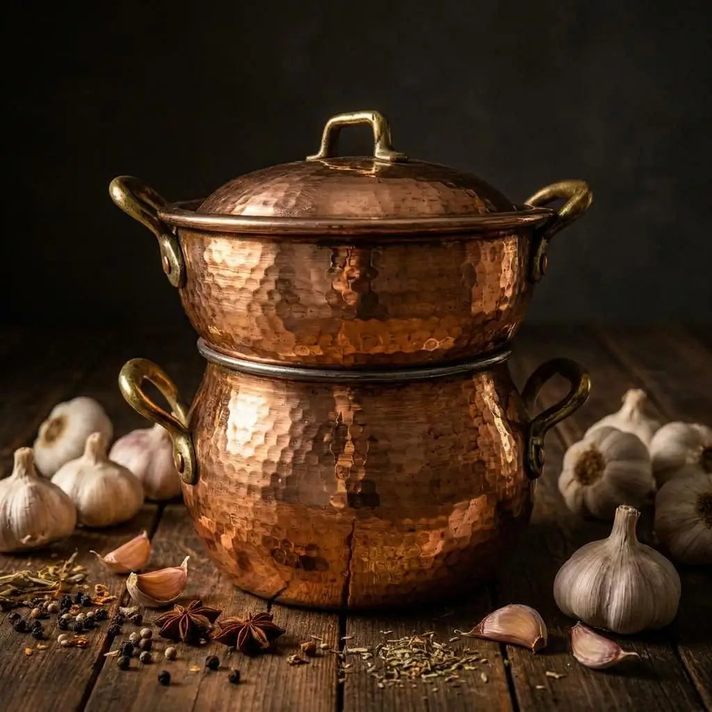 Traditional Moroccan copper couscous steamer pot on a dark wooden surface, decorated with whole garlic bulbs and star anise spices against a moody dark background.