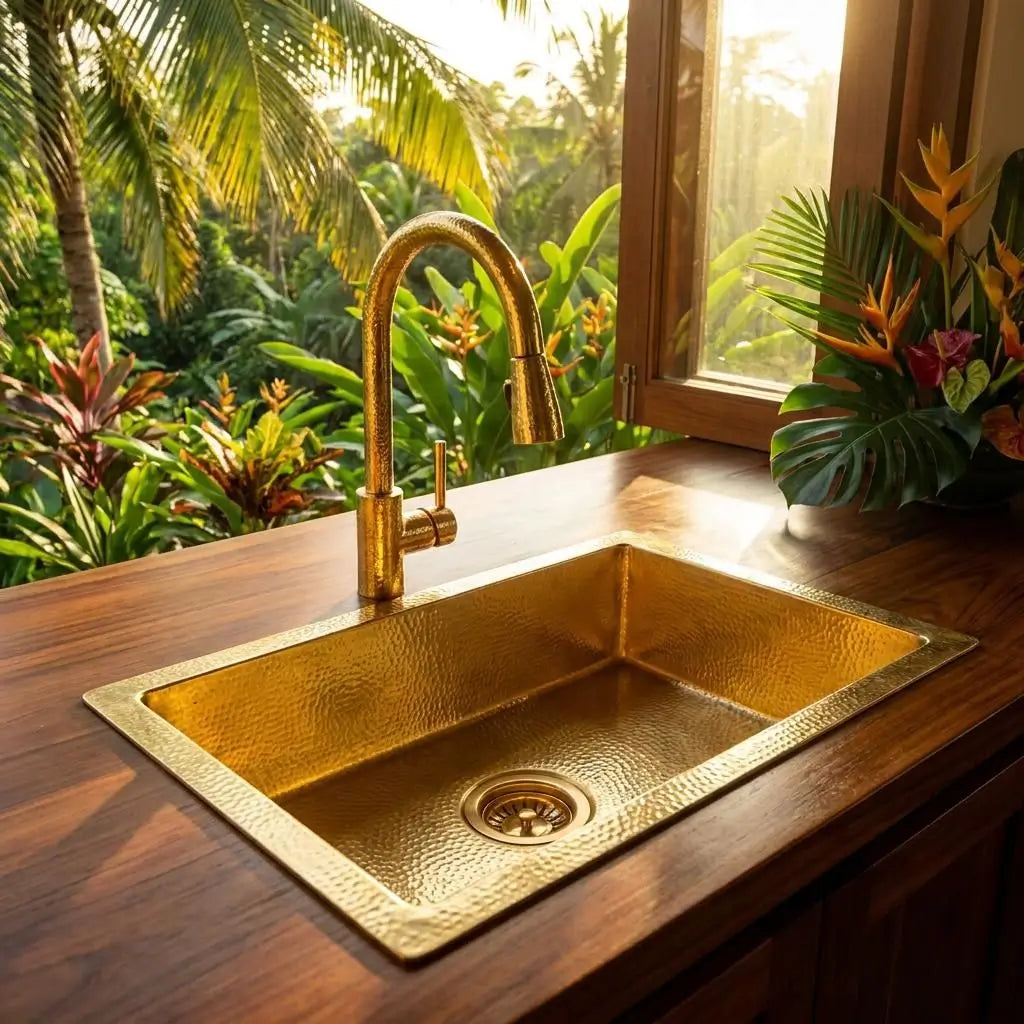 Golden brass undermount sink installed on a rich wooden countertop next to an open window overlooking a lush tropical garden