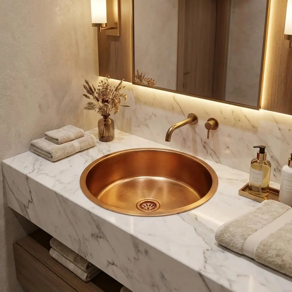 Round undermount brass bathroom sink with a wall-mounted faucet on a white veined marble vanity under a backlit mirror with warm lighting