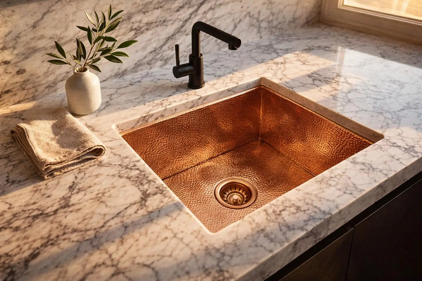 Undermount copper kitchen sink look in a contemporary marble kitchen with natural sunlight.