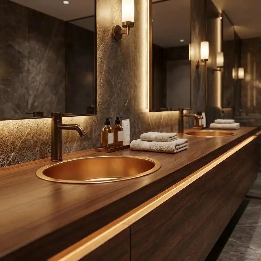 Two undermount brass bathroom sinks with dark faucets integrated into a long floating wooden vanity under backlit mirrors in a luxury commercial restroom