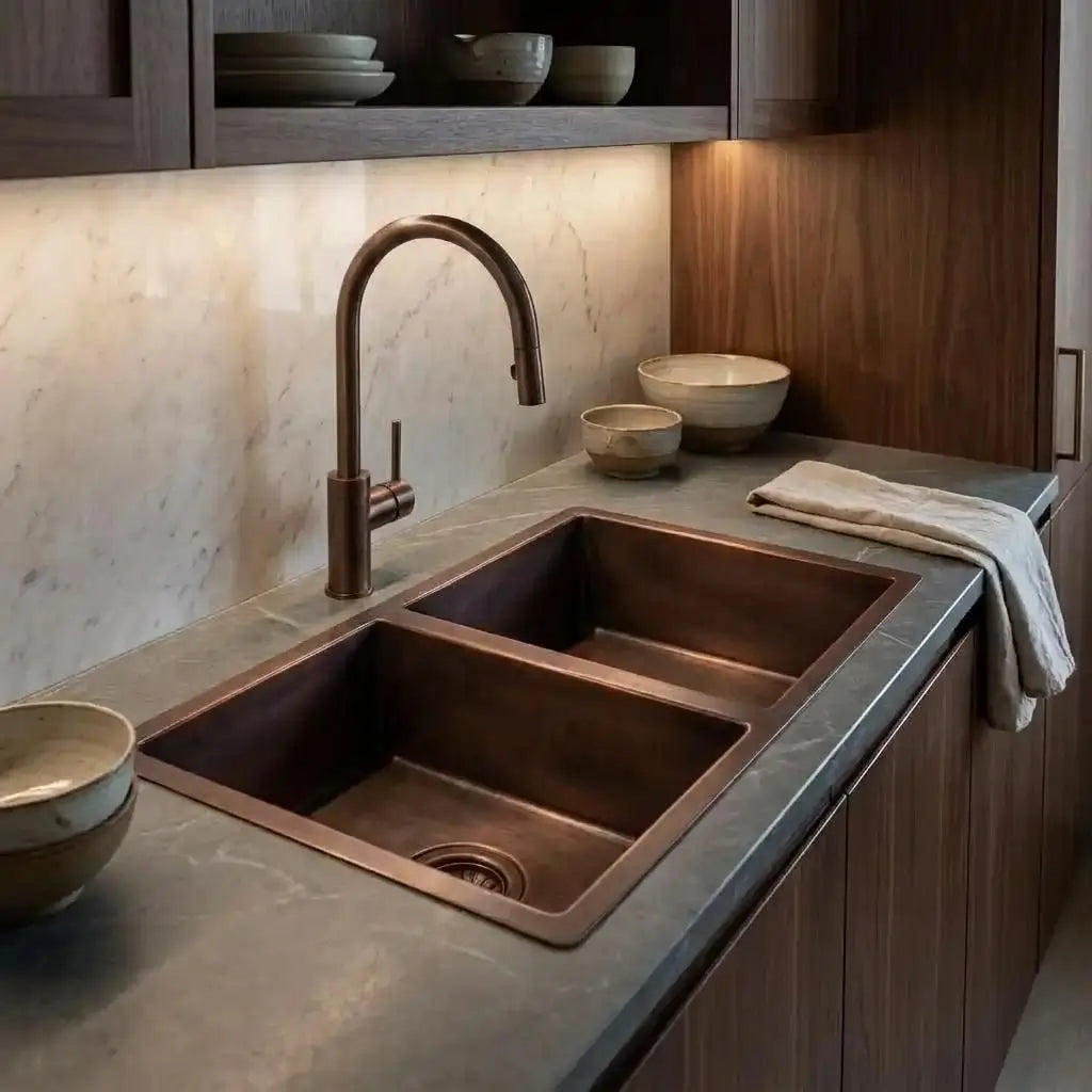 Undermount double bowl copper sink installed in a grey kitchen countertop with a high-arc gooseneck faucet and wooden cabinets under warm lighting.