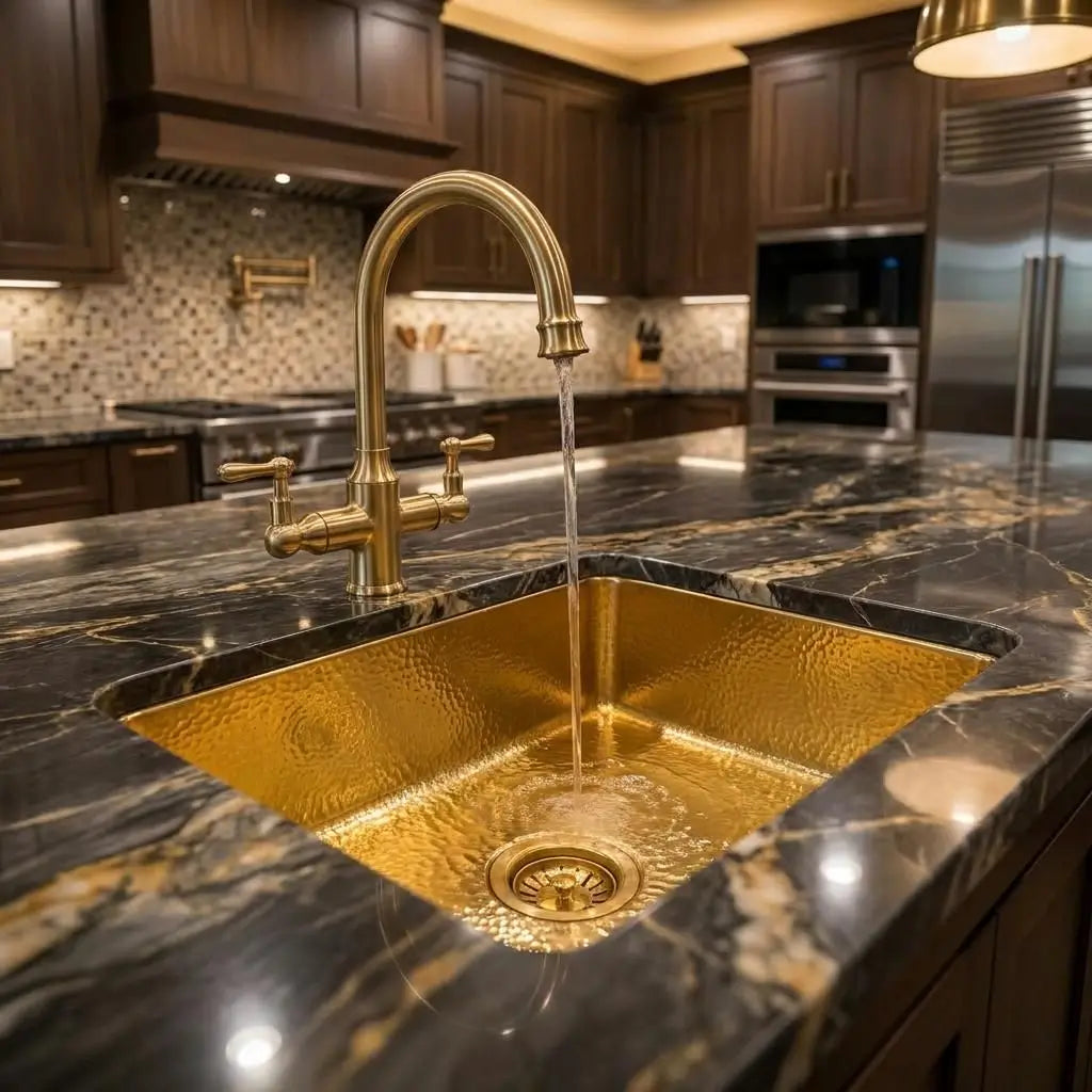 Undermount hammered brass kitchen sink featuring a running gold bridge faucet on a luxury dark marble countertop with a mosaic tile backsplash background.