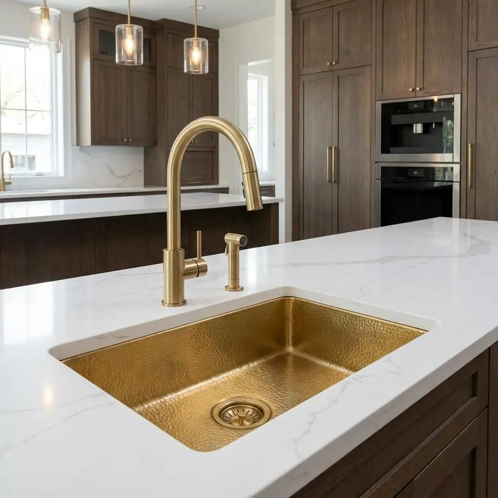 30 inch single bowl rectangular hammered copper sink installed undermount on a white quartz kitchen island surrounded by dark wood transitional cabinetry