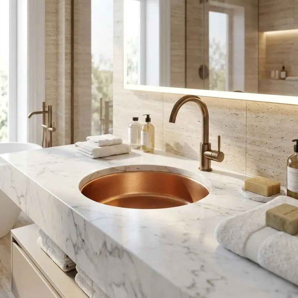 Round undermount brass bathroom sink with a brushed nickel gooseneck faucet on a white quartz countertop featuring an LED backlit mirror