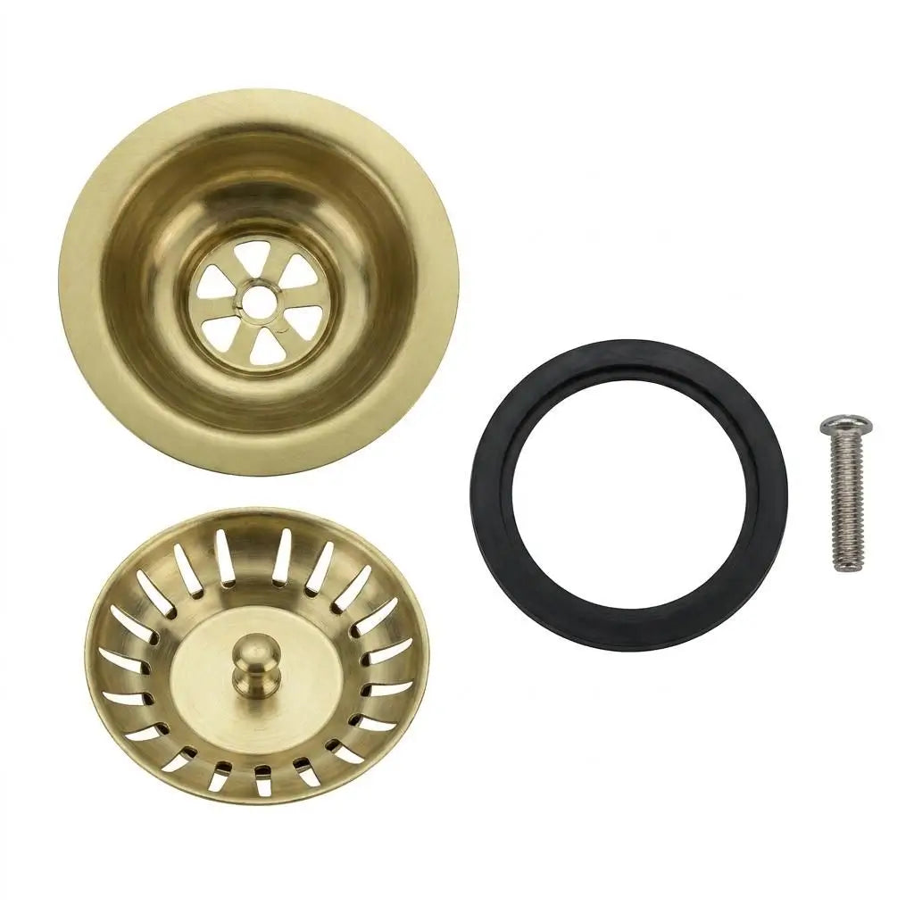 Unlacquered brass 3.5 inch kitchen sink strainer replacement kit displaying the disposal flange, strainer basket, rubber washer, and mounting screw on a white background.