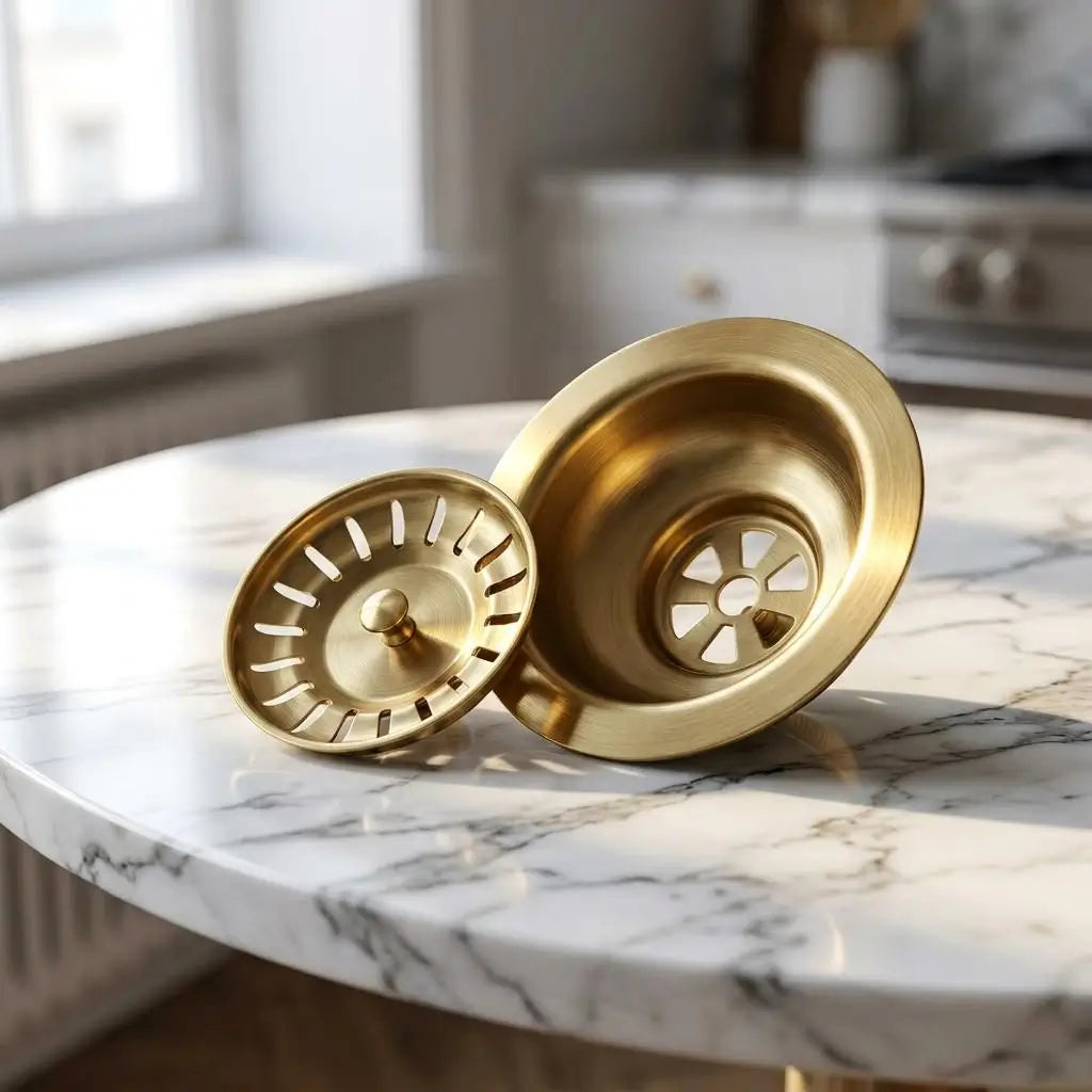 An unlacquered brass 3.5 inch kitchen sink waste flange and its matching removable strainer basket resting on a white marble tabletop.
