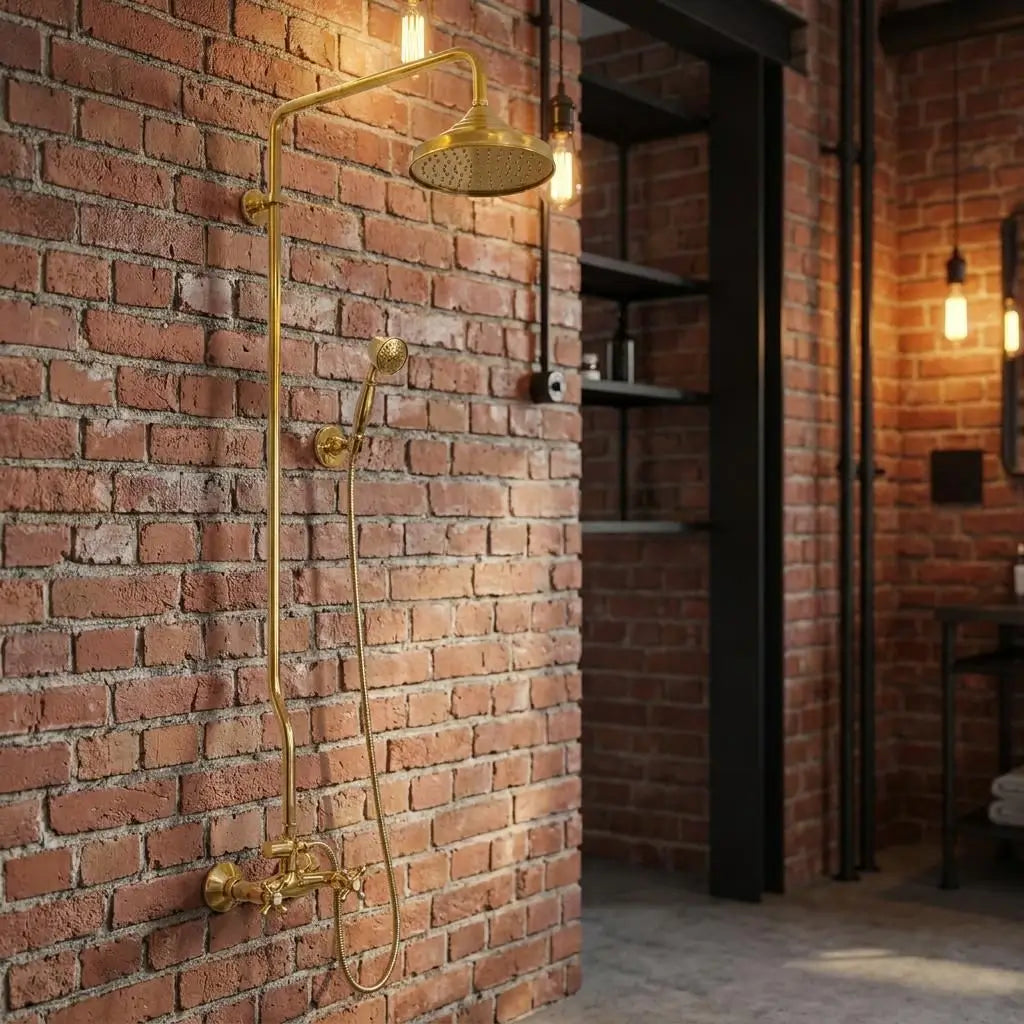 Unlacquered brass exposed pipe shower system with a large round rainfall head and handheld sprayer mounted on an industrial red brick wall in a loft bathroom.