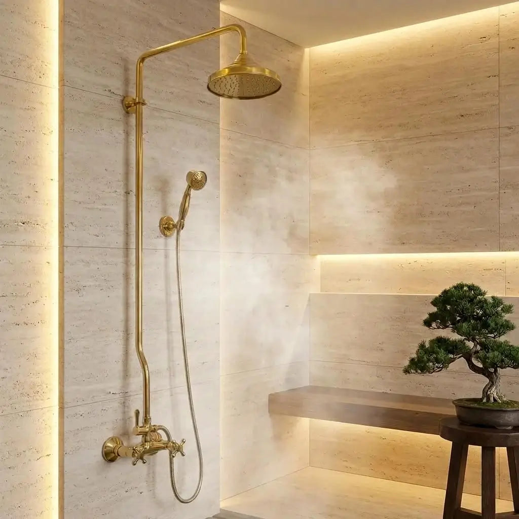 Unlacquered brass exposed pipe shower system with rainfall head and handheld sprayer set against luxury marble tiles.