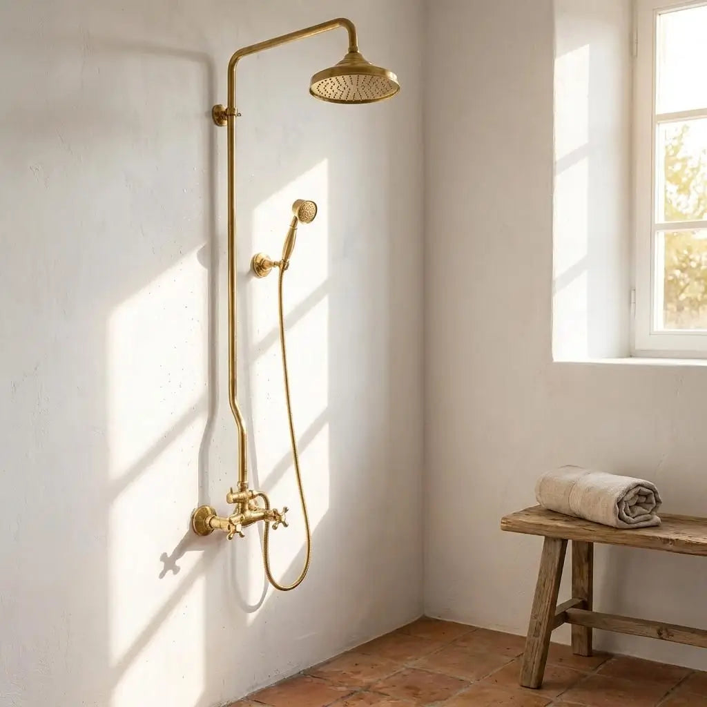 Unlacquered brass exposed pipe shower system with rainfall head and handheld sprayer mounted on a textured white plaster wall next to a wooden bench.