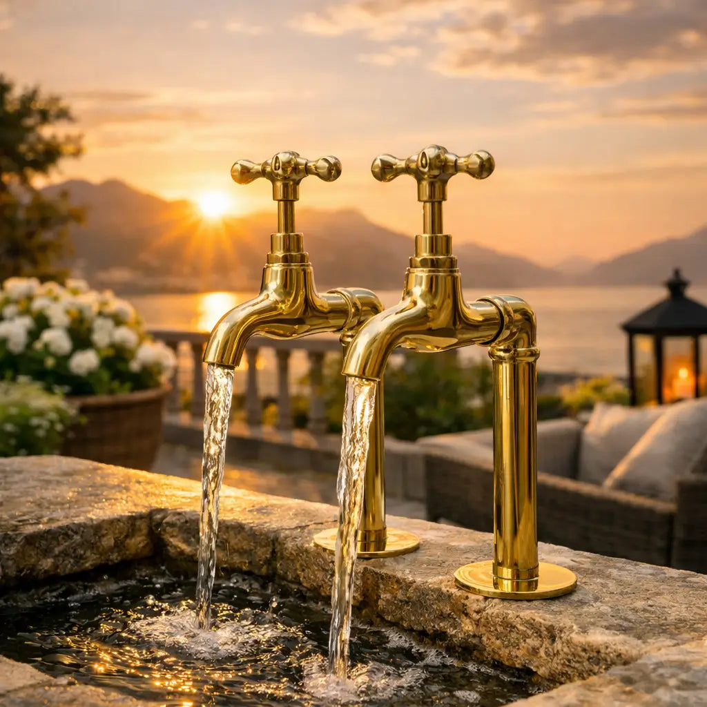 A pair of unlacquered brass water faucets with clear water streams flowing into a stone basin on a luxurious patio overlooking a lake and mountains during a golden hour sunset.