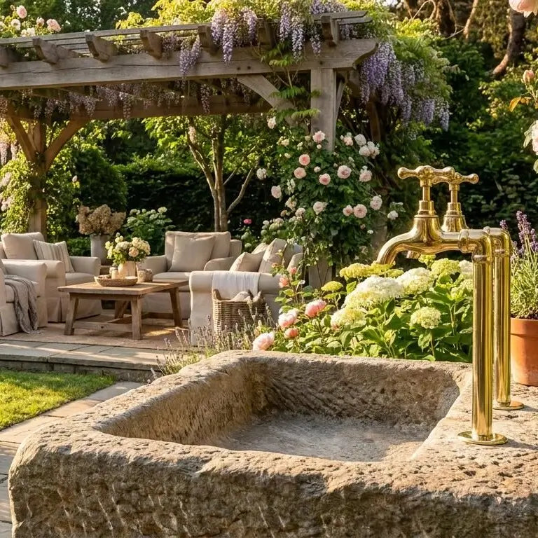 A pair of unlacquered brass water faucets with cross handles installed next to a rustic carved stone basin in a beautiful backyard patio setting with outdoor seating and blooming flowers.