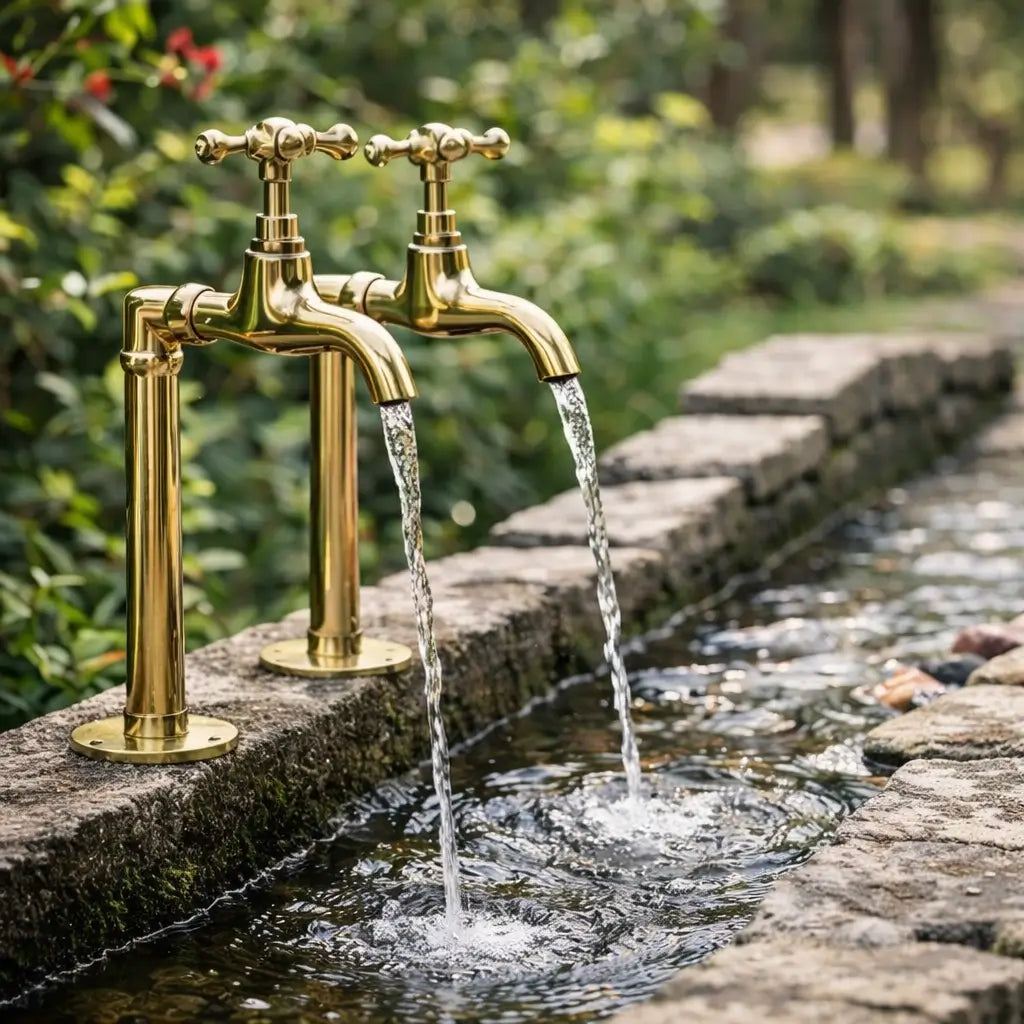A pair of unlacquered brass water faucets with running water flowing directly into a stone garden water feature stream with a soft-focus green background.