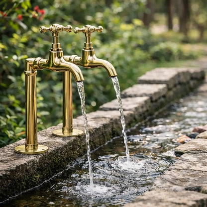 A pair of unlacquered brass water faucets with running water flowing directly into a stone garden water feature stream with a soft-focus green background.