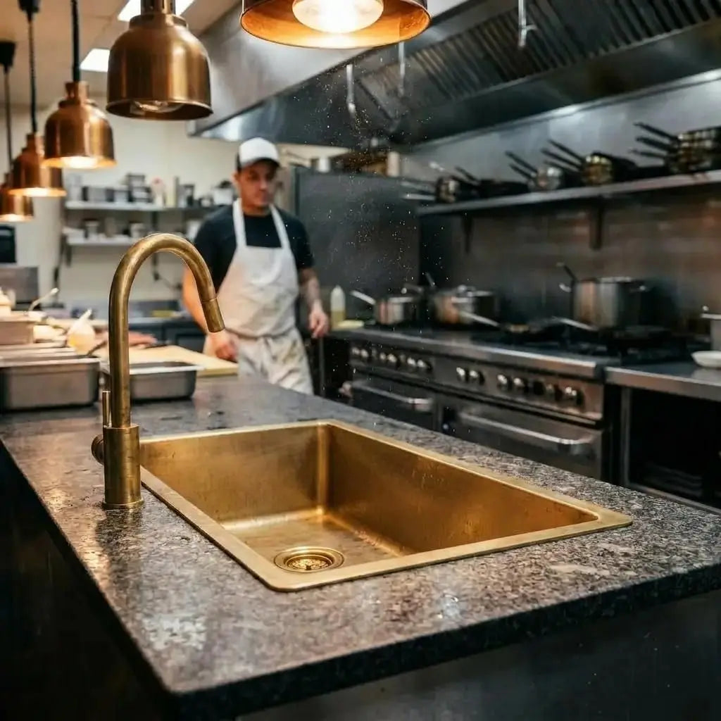Unlacquered brass kitchen sink and high arc faucet on dark granite countertop with a professional chef standing in a commercial kitchen