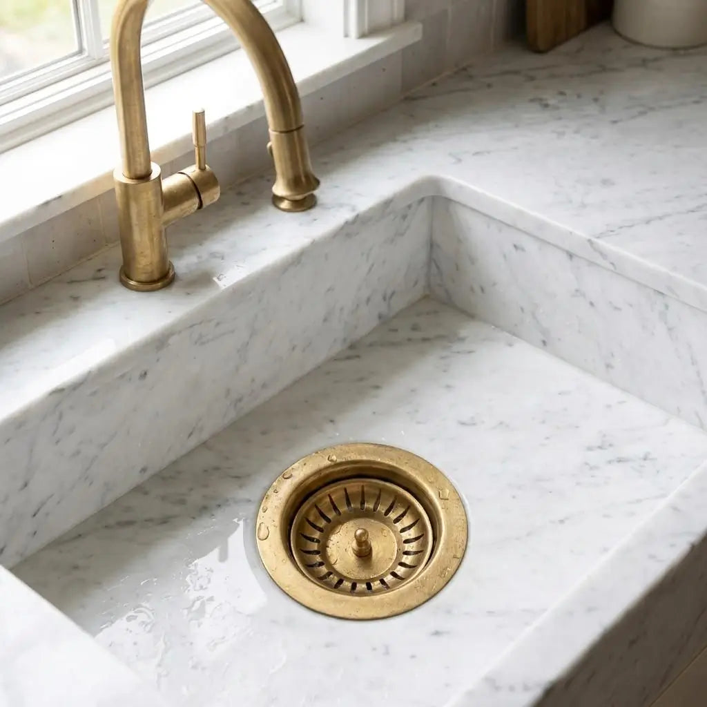 Unlacquered brass kitchen sink strainer and standard 3.5 inch solid brass drain basket installed in a white marble countertop sink.