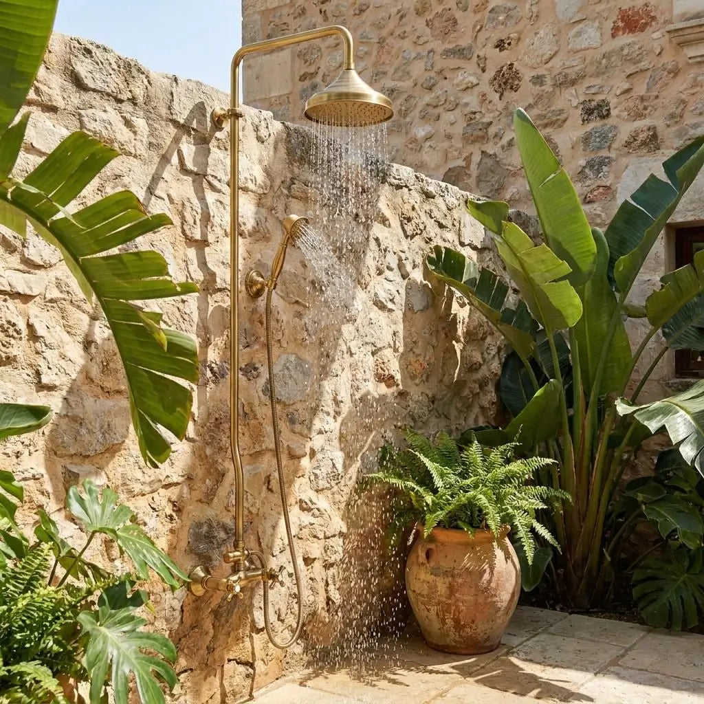Unlacquered brass outdoor exposed pipe shower system with flowing water from a round rainfall head, mounted on a rustic Mediterranean stone wall surrounded by tropical plants.