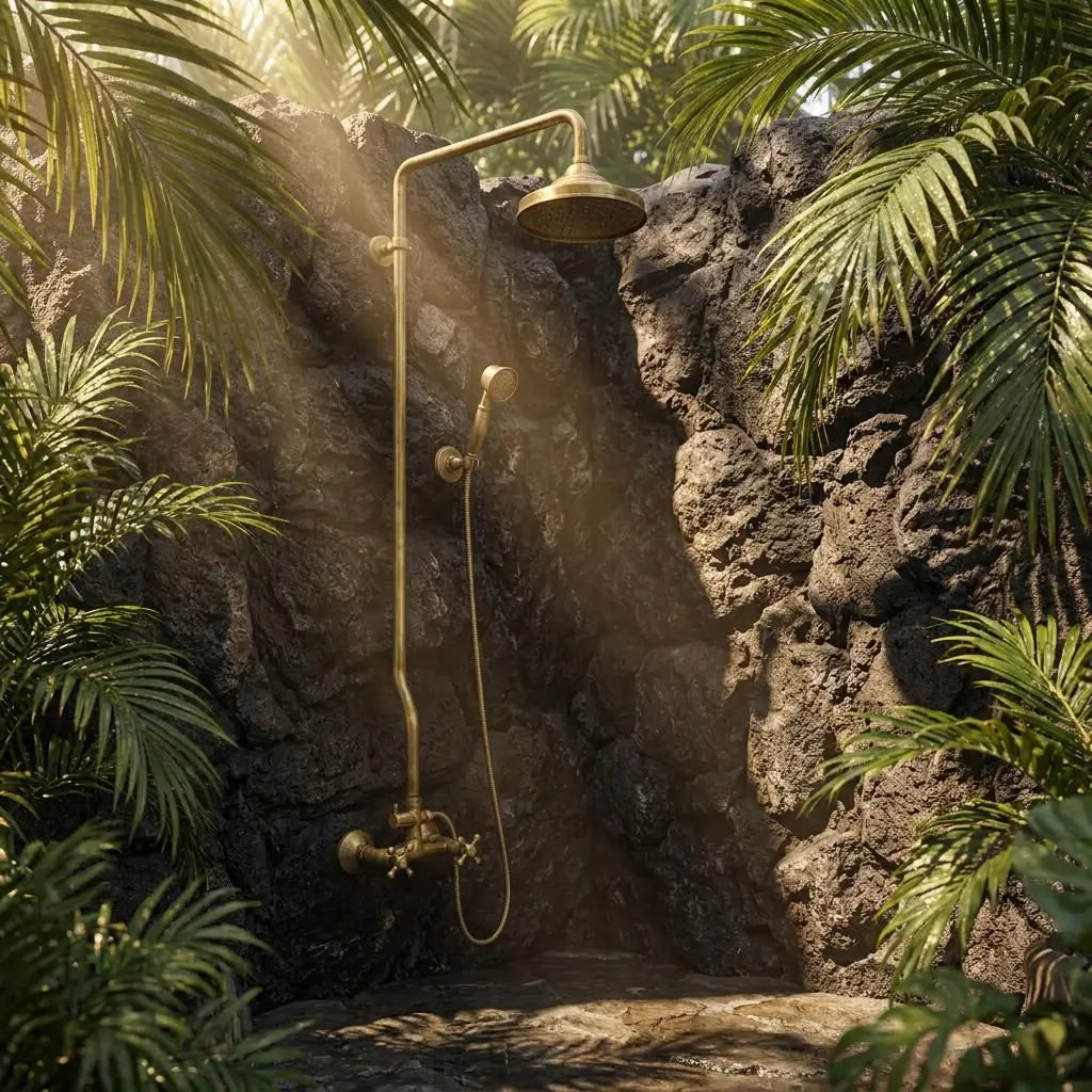 Unlacquered brass outdoor exposed pipe shower system with rainfall head and handheld sprayer mounted on a natural black volcanic rock wall surrounded by tropical palm leaves.