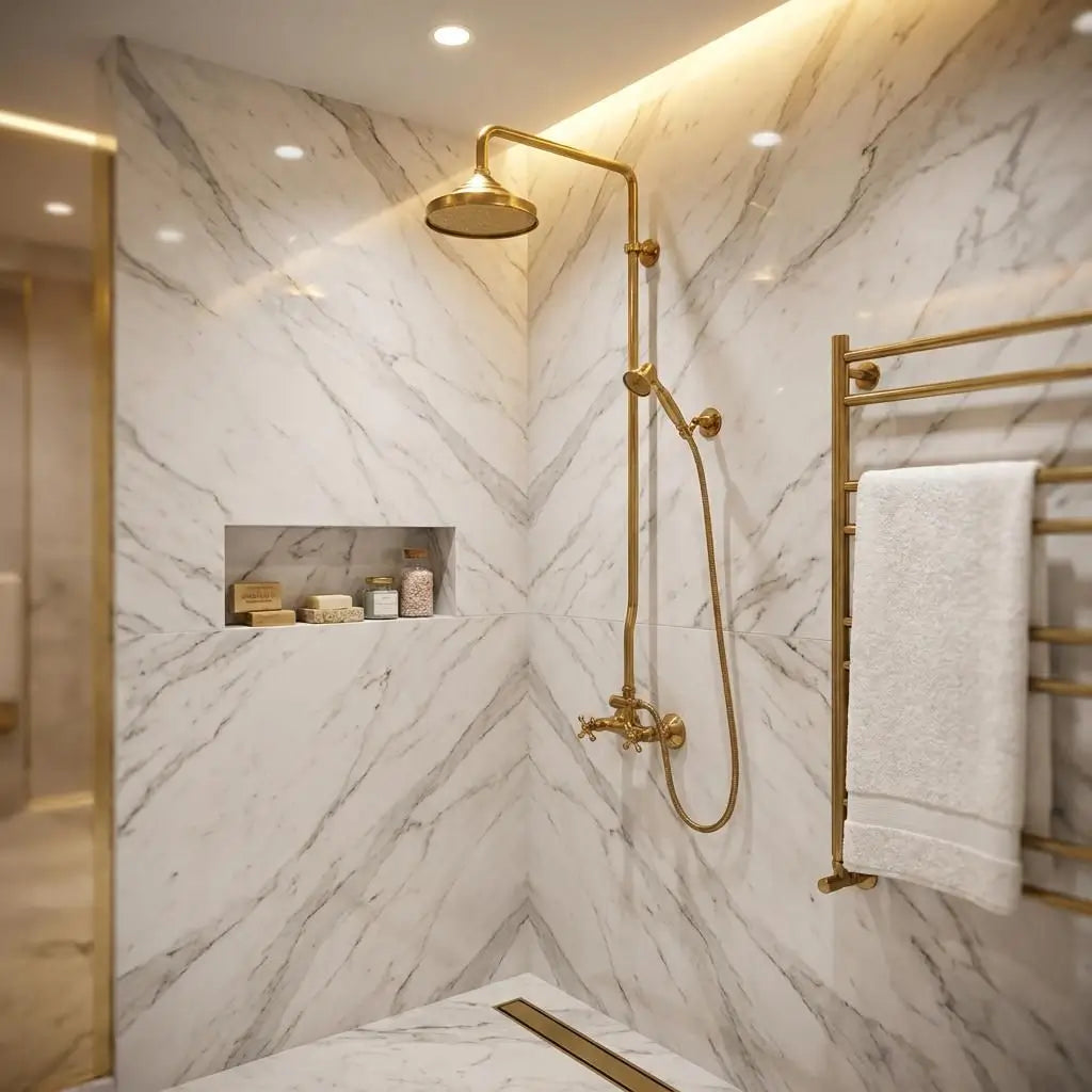 Corner view of an unlacquered brass shower system with a Moroccan rain head and handheld sprayer next to a brass towel warmer on a marble wall.