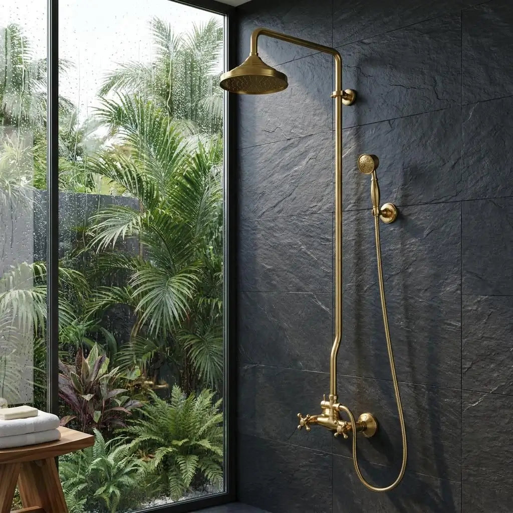 Unlacquered brass exposed pipe shower system with a rainfall head and handheld sprayer mounted on a dark textured slate wall next to a large window overlooking tropical plants.