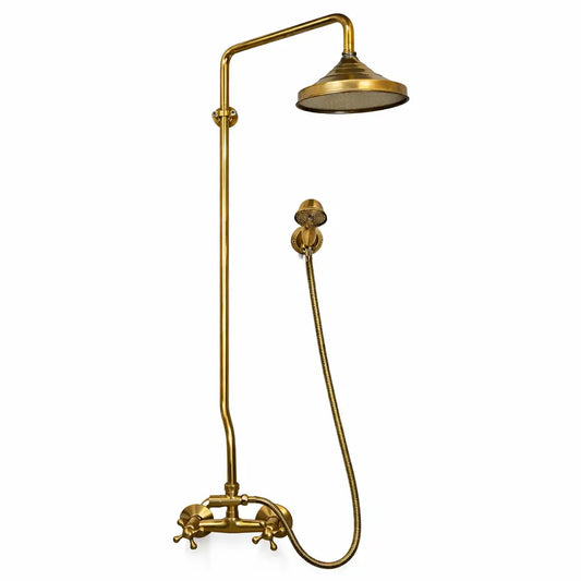 Unlacquered brass shower system with a wall-mounted Moroccan rain head, handheld sprayer, and mixer valve isolated on a solid white background.