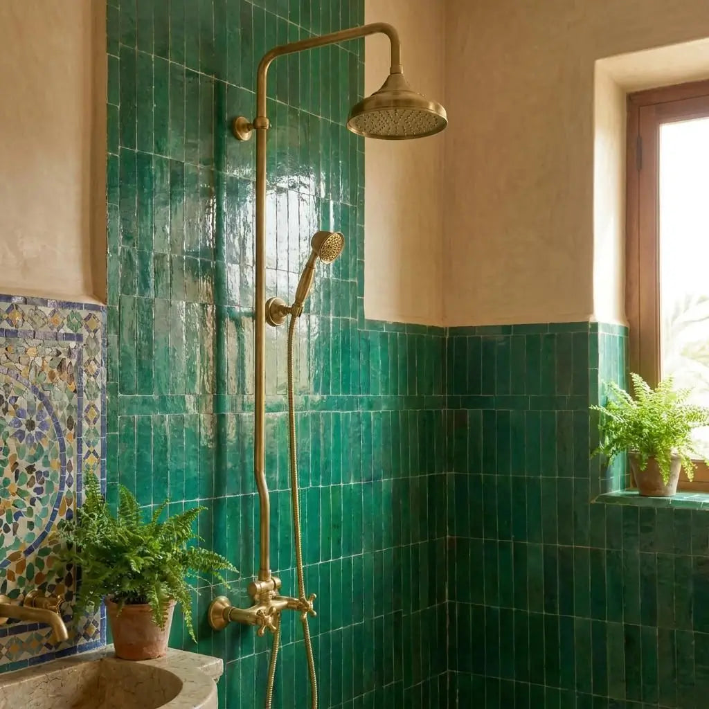 Unlacquered brass exposed pipe shower system with a round rainfall head and handheld sprayer installed on a green Moroccan zellige tile wall next to a traditional mosaic sink.