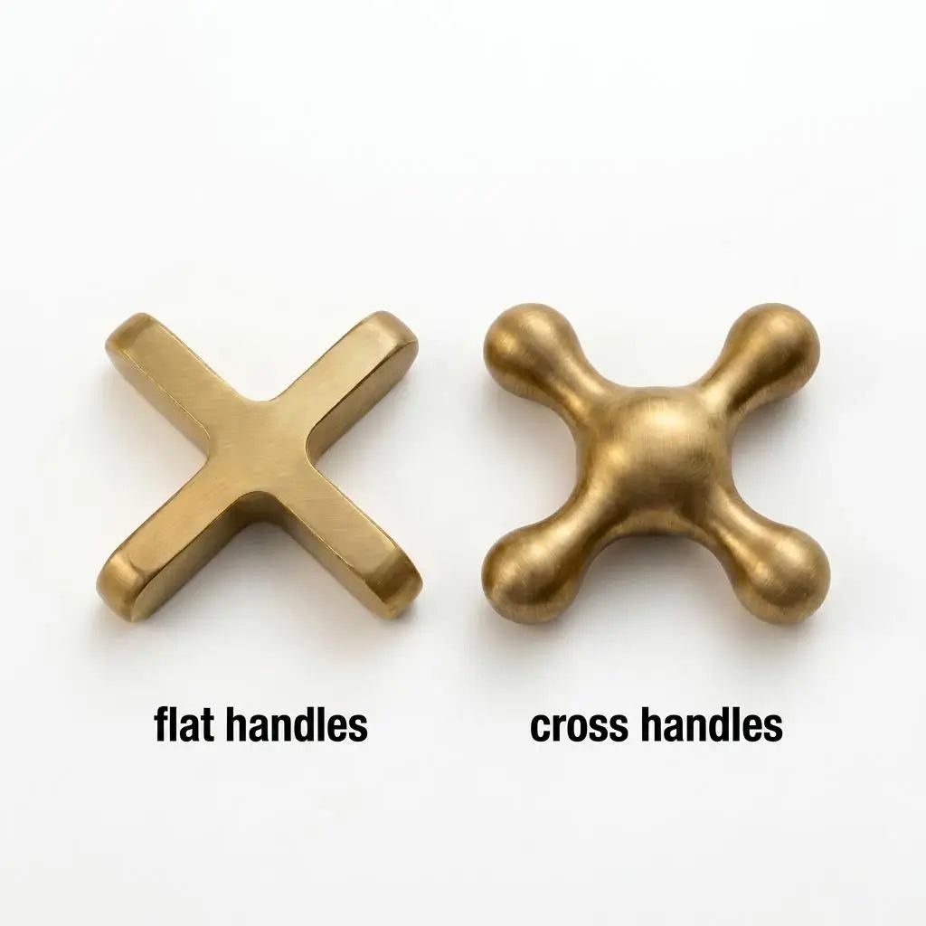 Unlacquered brass shower mixer valve options showing a comparison between flat handles and vintage cross handles against a plain background.