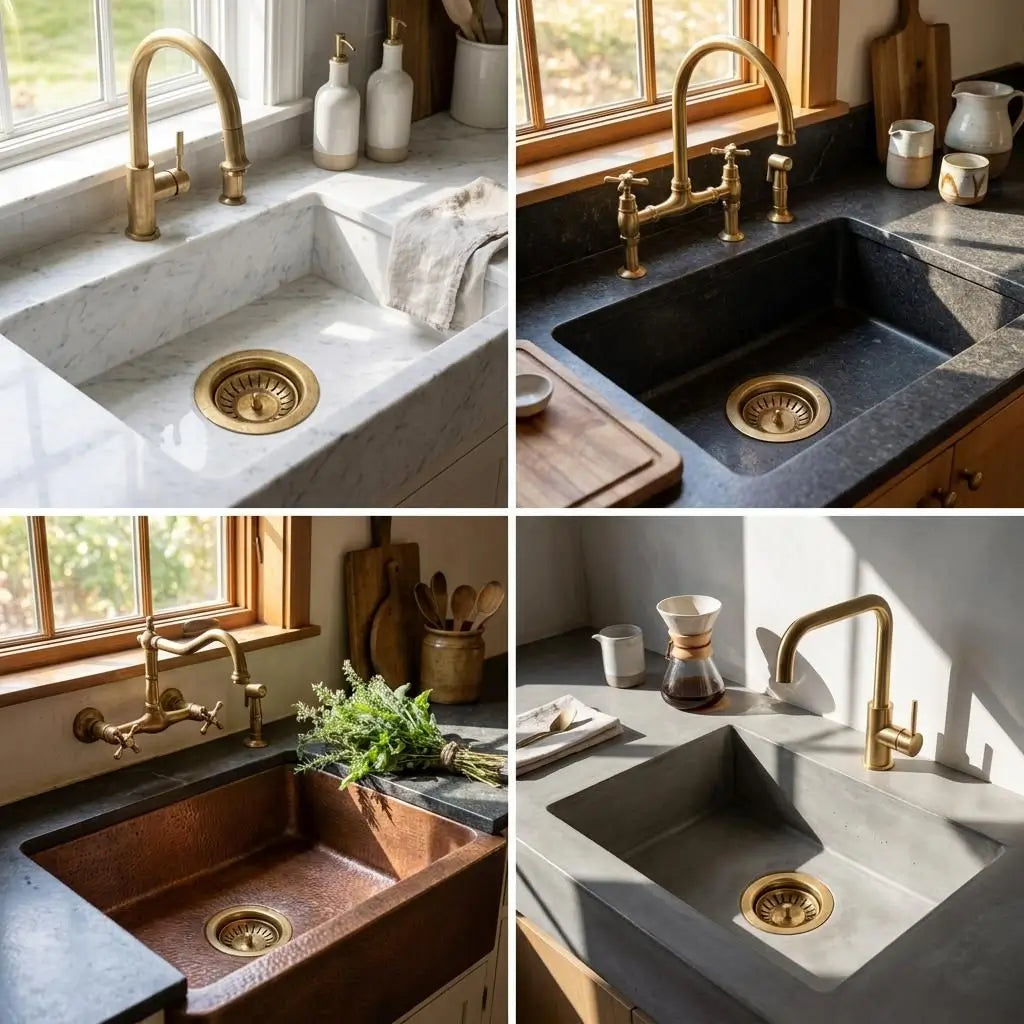Four-panel collage showcasing unlacquered brass sink drains and matching brass faucets styled in white marble, black stone, copper, and modern grey kitchen basins.