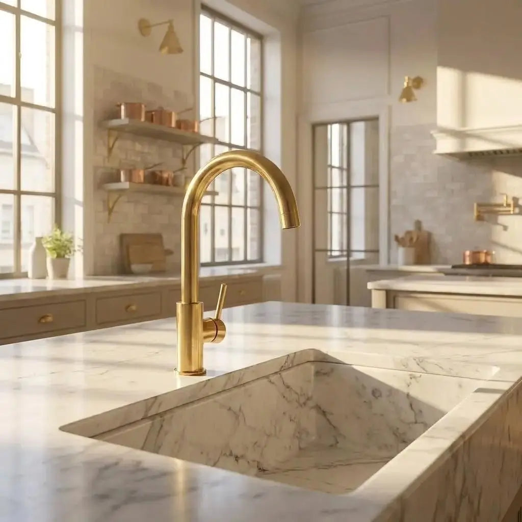 High angular view of an unlacquered brass curved faucet on a marble kitchen island with large windows.
