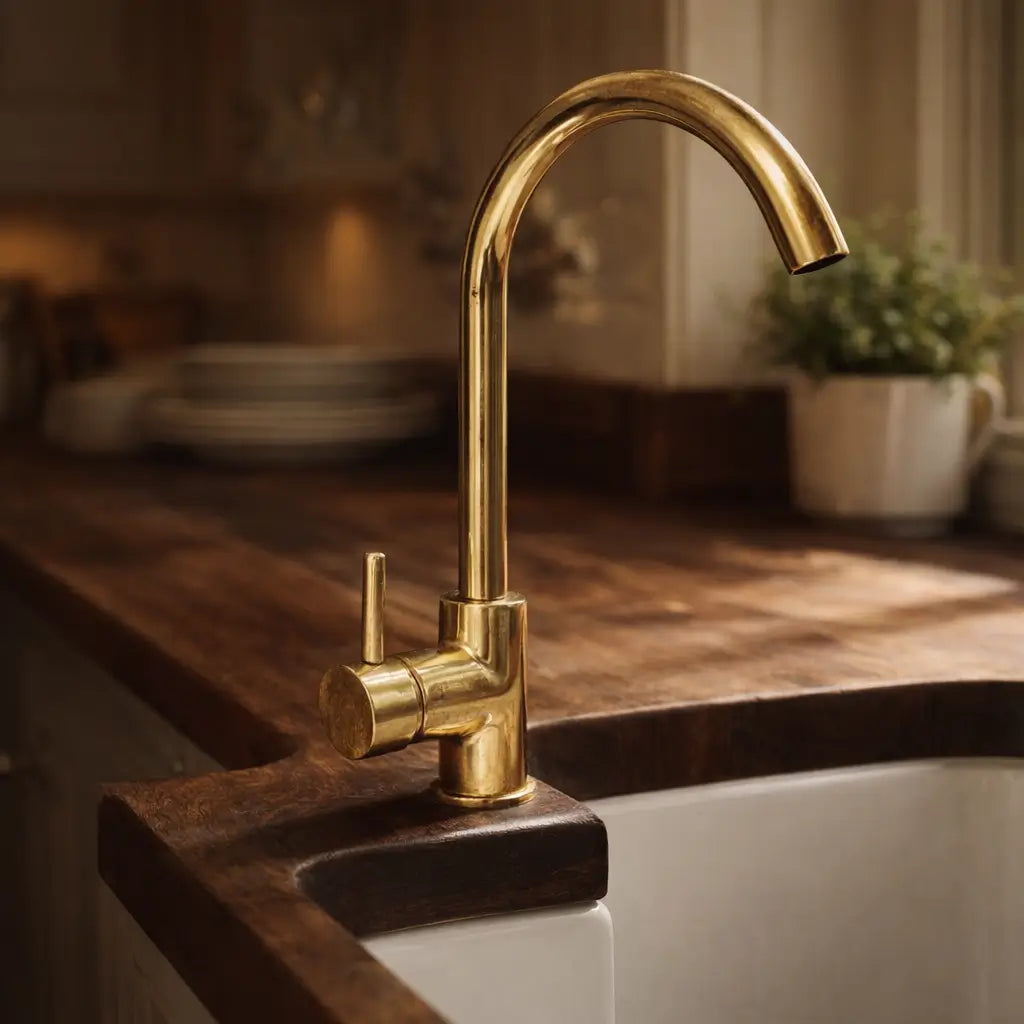A luxury unlacquered brass curved sink faucet installed in a modern kitchen setting.