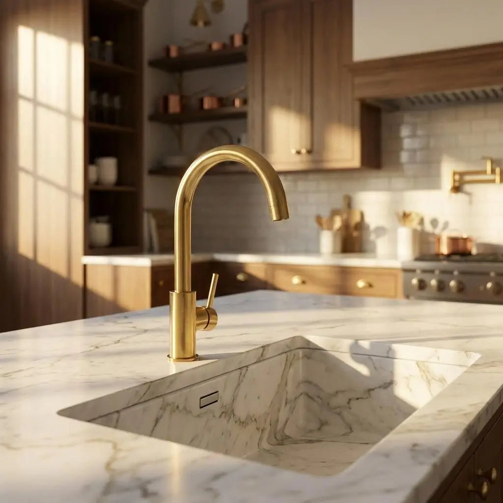 High angle view of an unlacquered brass curved sink faucet with an integrated marble basin under natural sunlight.
