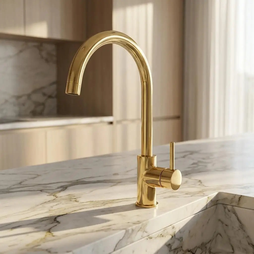 Unlacquered brass curved sink faucet installed on a luxury white marble countertop.