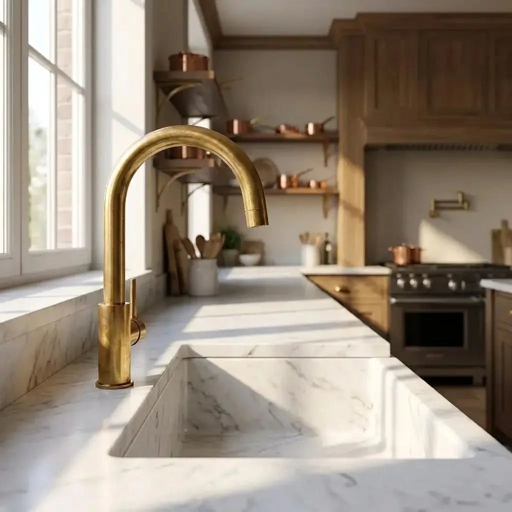 Perspective view of an unlacquered brass curved faucet in a rustic kitchen with wooden shelves and copper pots.