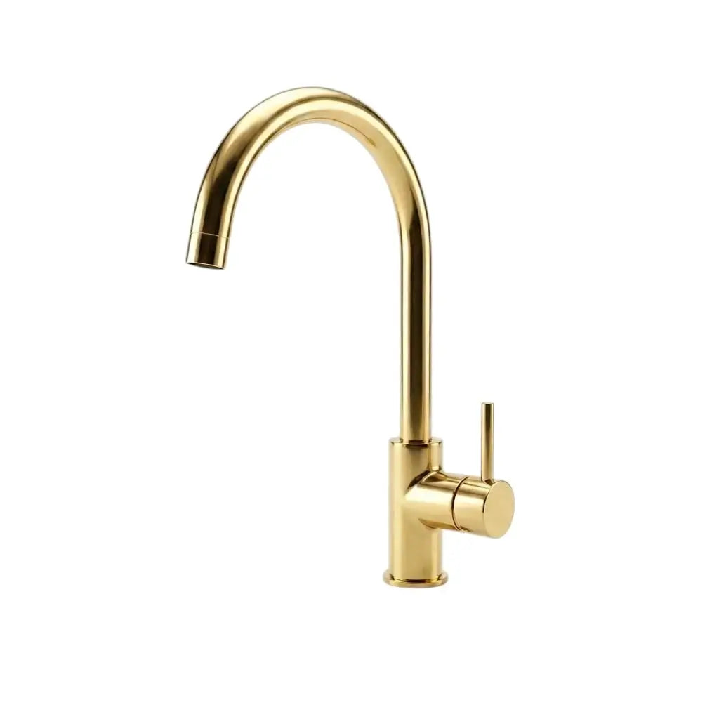 Side profile shot of an unlacquered brass curved sink faucet against a plain light background.