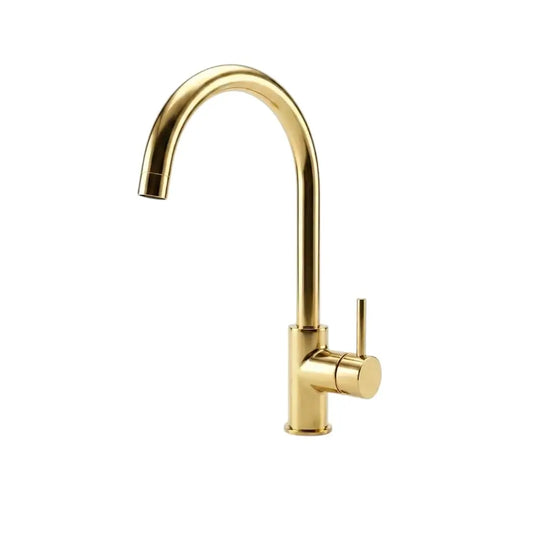 Side profile shot of an unlacquered brass curved sink faucet against a plain light background.