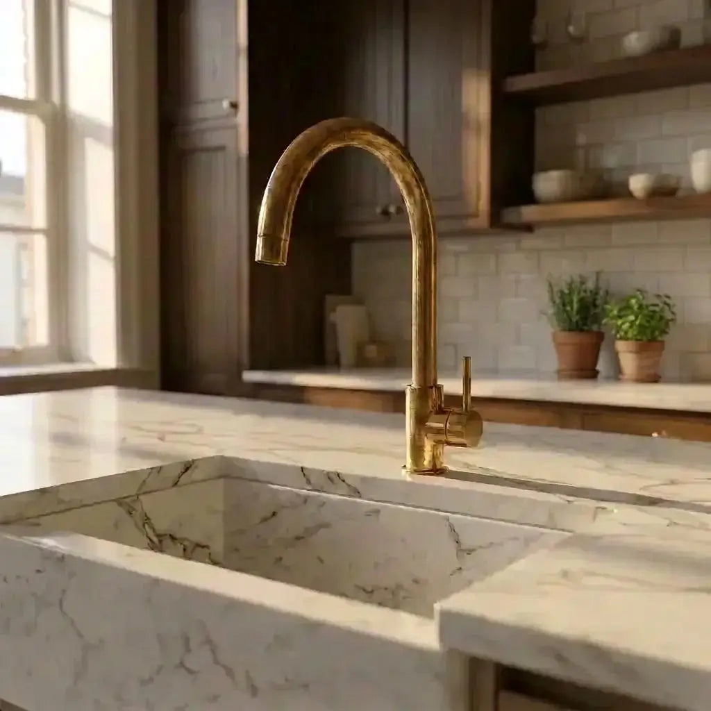 Side view of an unlacquered brass curved sink faucet on a white countertop with kitchen cabinets in the background.