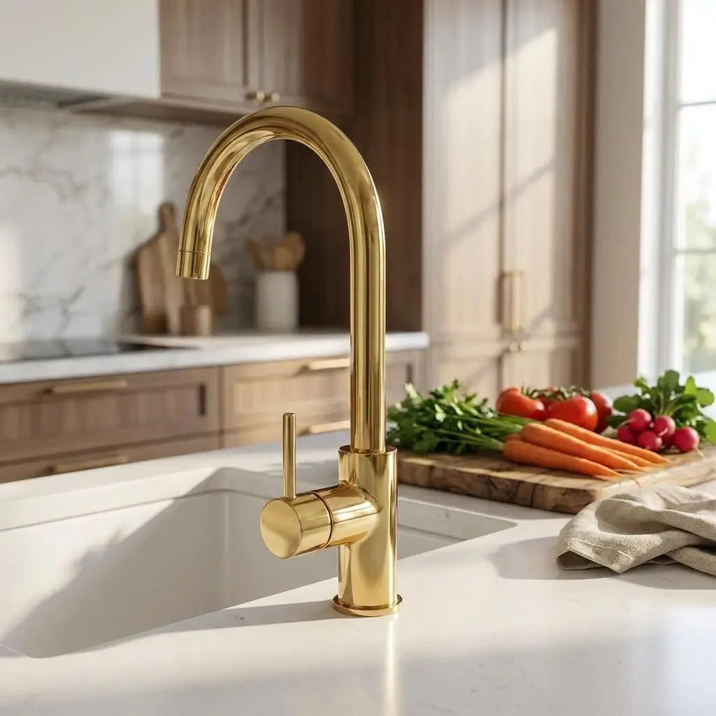 Unlacquered brass curved sink faucet on a white countertop with fresh vegetables on a cutting board in the background.