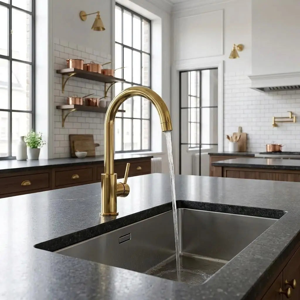 Unlacquered brass curved sink faucet with running water flow installed on a kitchen island.