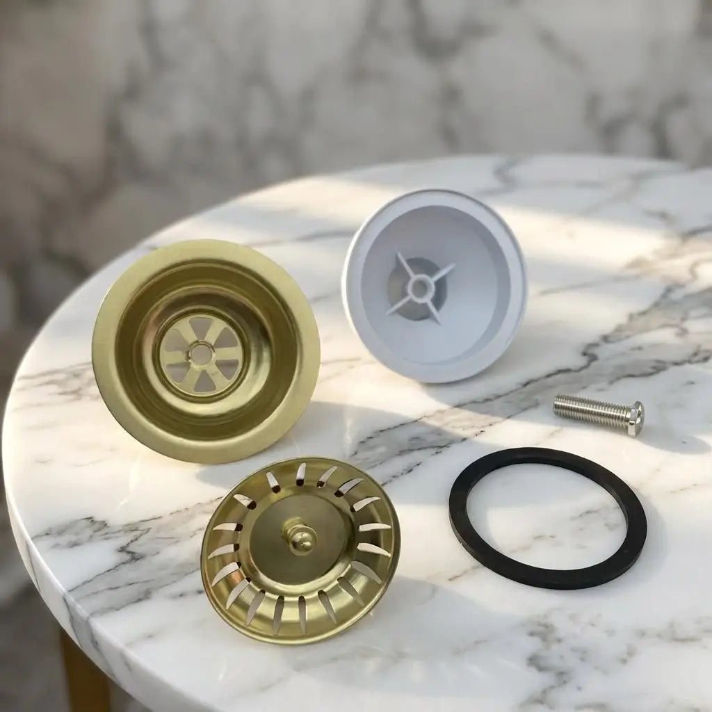Complete components of an unlacquered brass kitchen sink waste kit including the main flange, removable strainer basket, rubber sealing ring, and screw on a marble surface.
