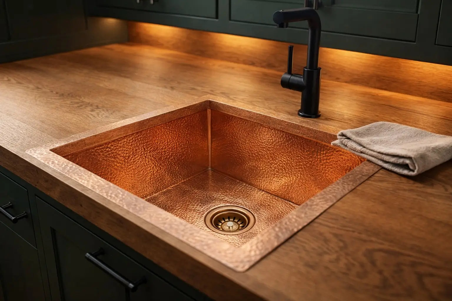 Unlacquered copper kitchen sink design featuring a warm wood countertop finish.