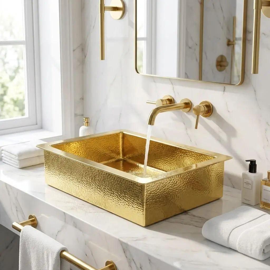 A rectangular vessel brass Moroccan sink sitting fully on a white marble countertop with running water from a modern wall-mounted gold faucet.