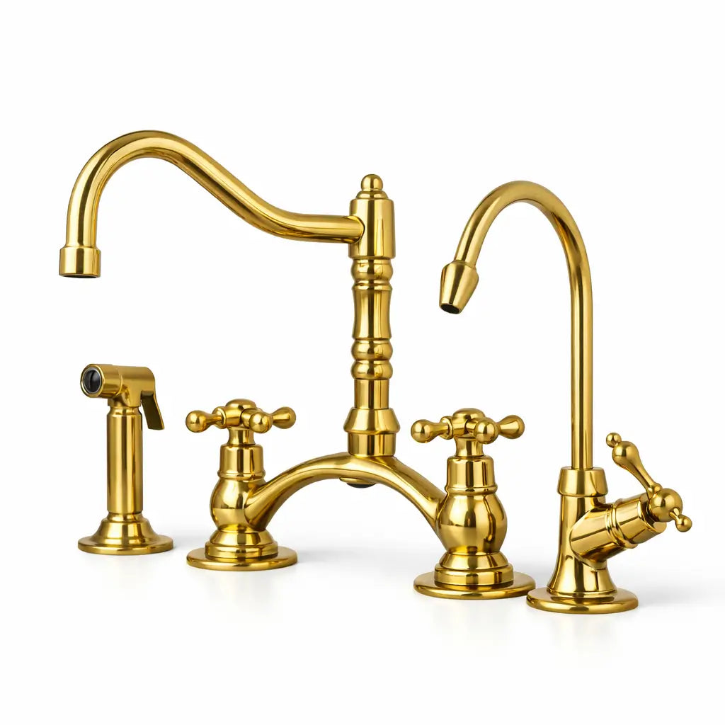 Complete unlacquered brass Victorian classic kitchen bridge faucet set including side sprayer and cold water tap isolated on a white background.